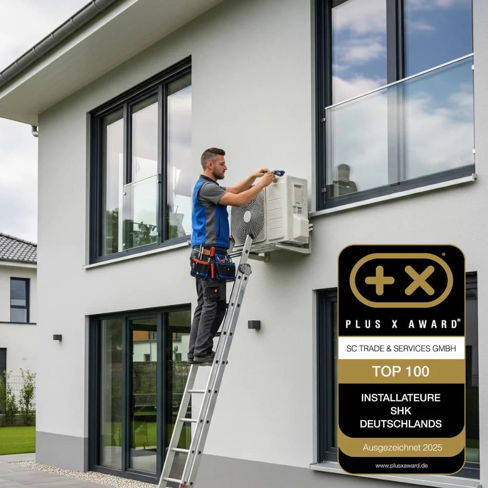 Monteur installiert die Außeneinheit einer Klimaanlage an einem modernen Einfamilienhaus